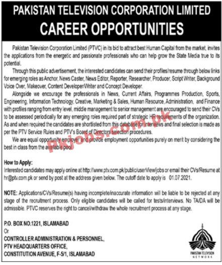 Pakistan Television Corporation Limited (PTV) Management PK Jobs 2021