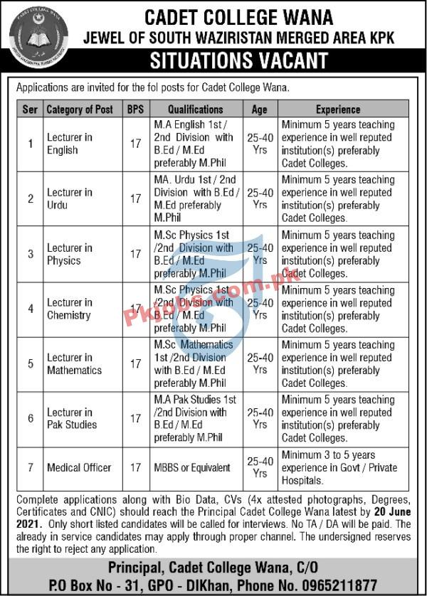 Cadet College Announced Latest PK Jobs 2021