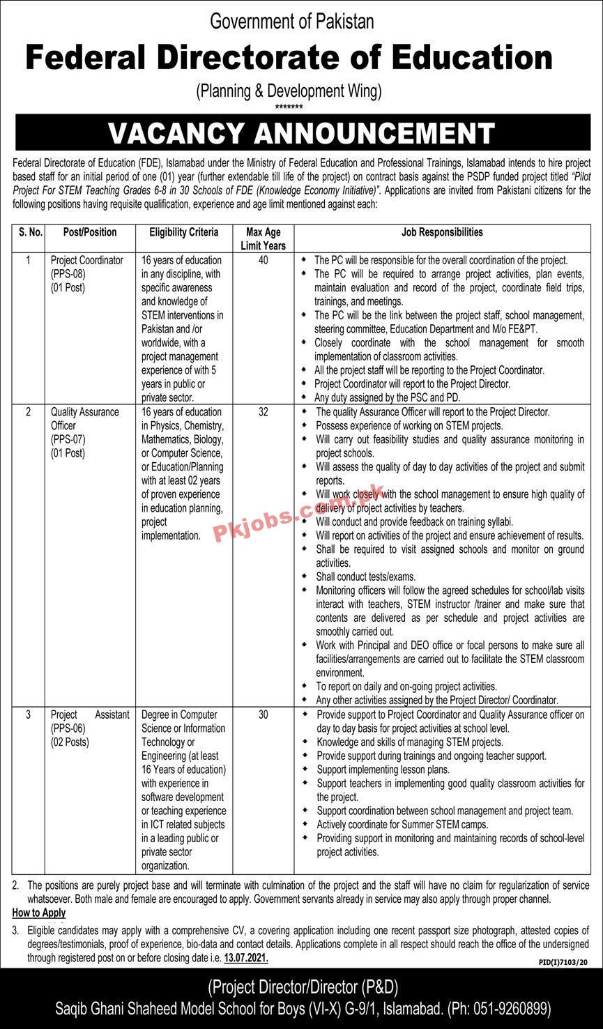 Federal Directorate of Education (FDE) Management PK Jobs 2021