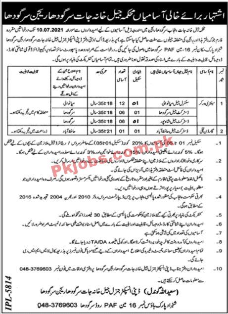 Jail Department Announced Support Staff PK Jobs 2021