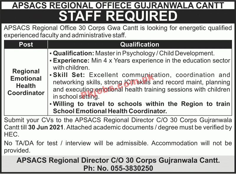 Jobs in APSACS Regional Office Gujranwala Cantt