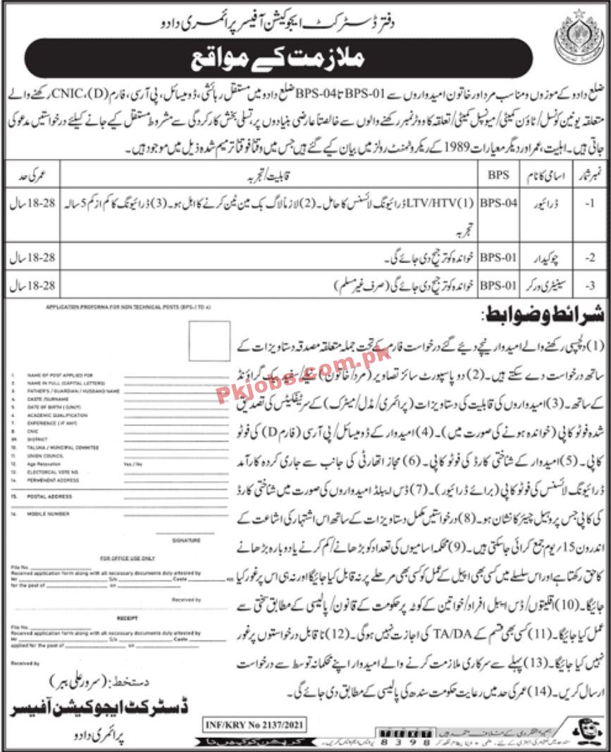 Jobs in District Education Officer Primary Dadu