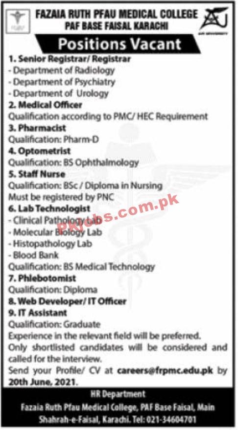 Jobs in Fazaia Ruth PFAU Medical College Karachi