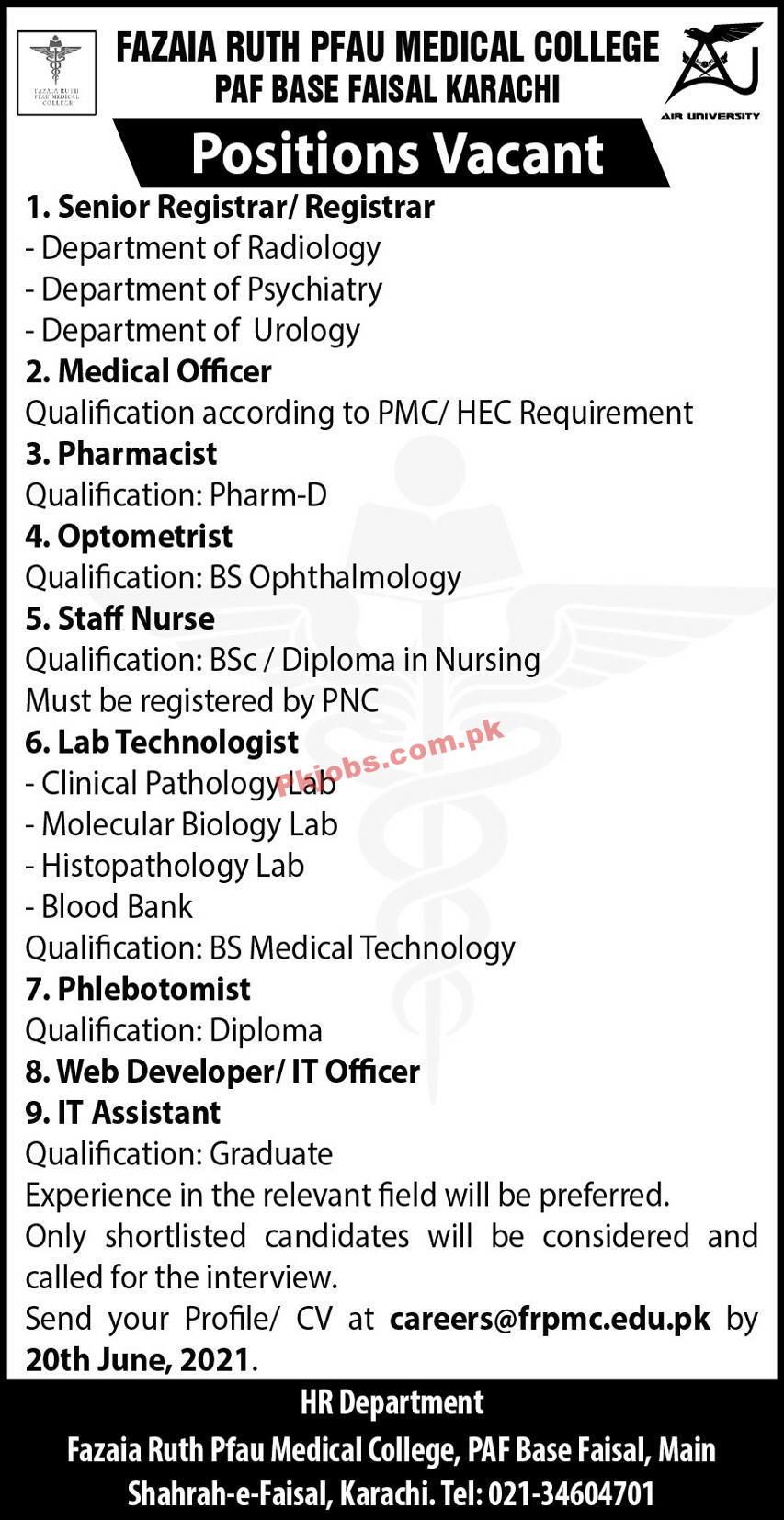 Jobs in Fazaia Ruth PFAU Medical College PAF Base Faisal Karachi