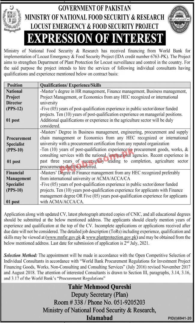 Jobs in Government of Pakistan Ministry of National Food Security & Research