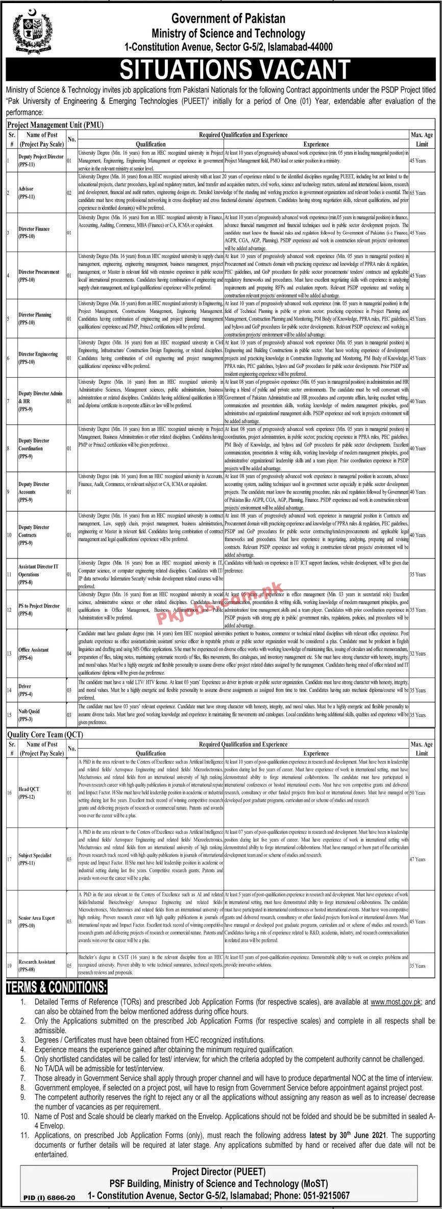 Jobs in Government of Pakistan Ministry of Science and Technology Islamabad