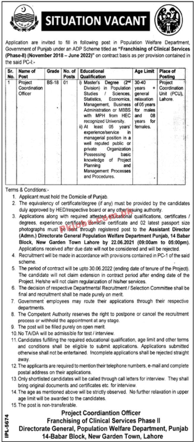 Jobs in Government of the Punjab Population Welfare Department