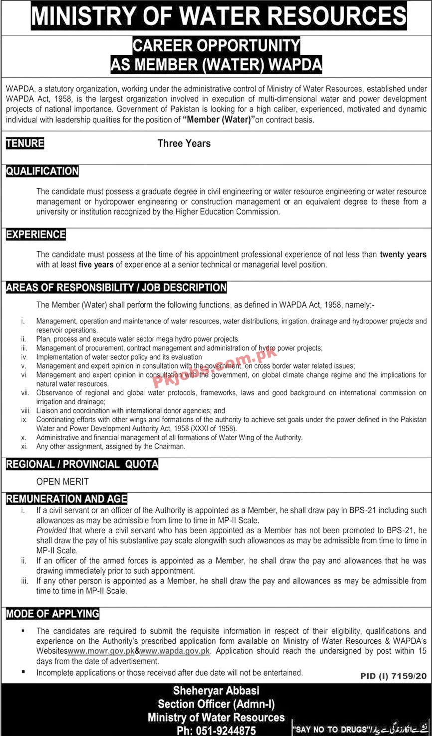 Jobs in Ministry of Water Resources WAPDA Islamabad