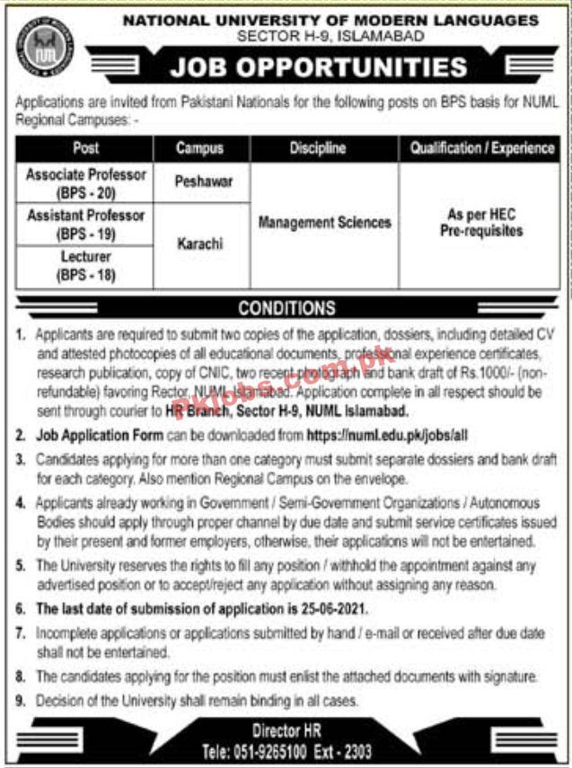 Jobs in National University of Modern Languages NUML Islamabad