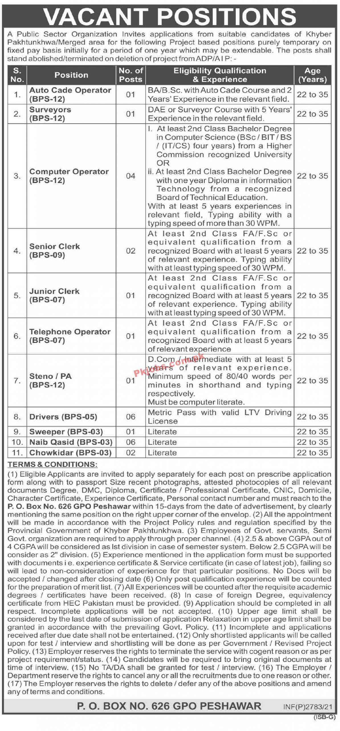 Jobs in Public Sector Organization Khyber Pakhtunkhwa