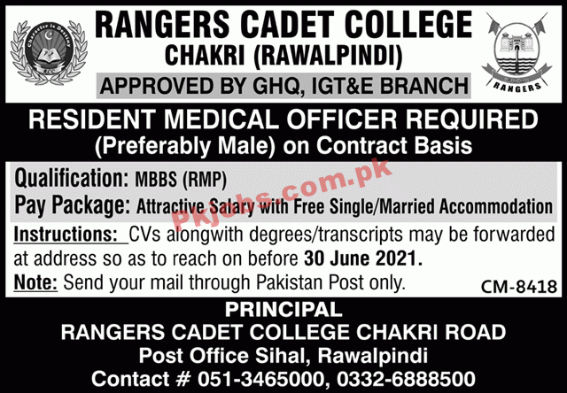 Jobs in Rangers Cadet College Rawalpindi