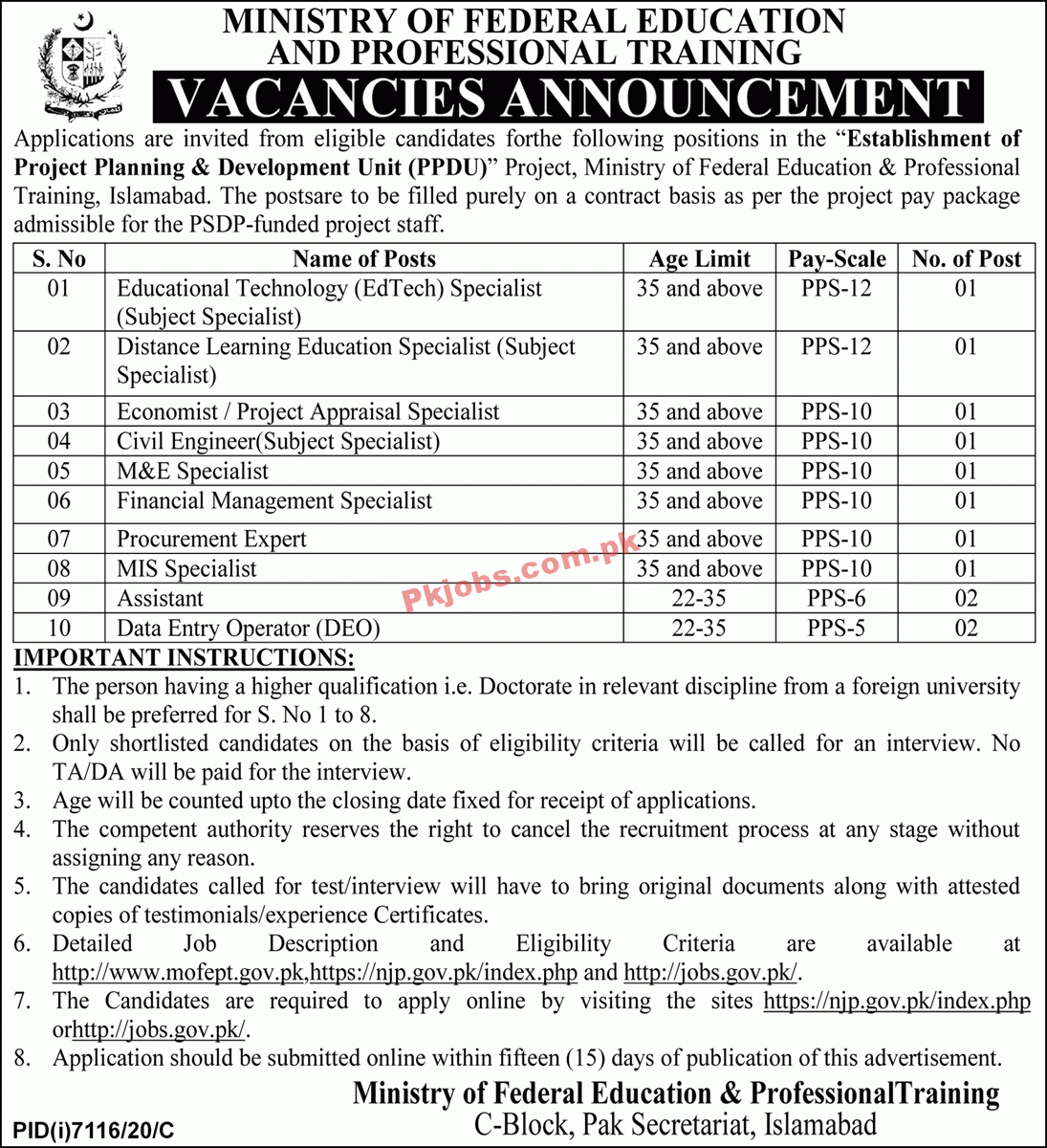 Ministry of Federal Education & Professional Training Management PK Jobs 2021