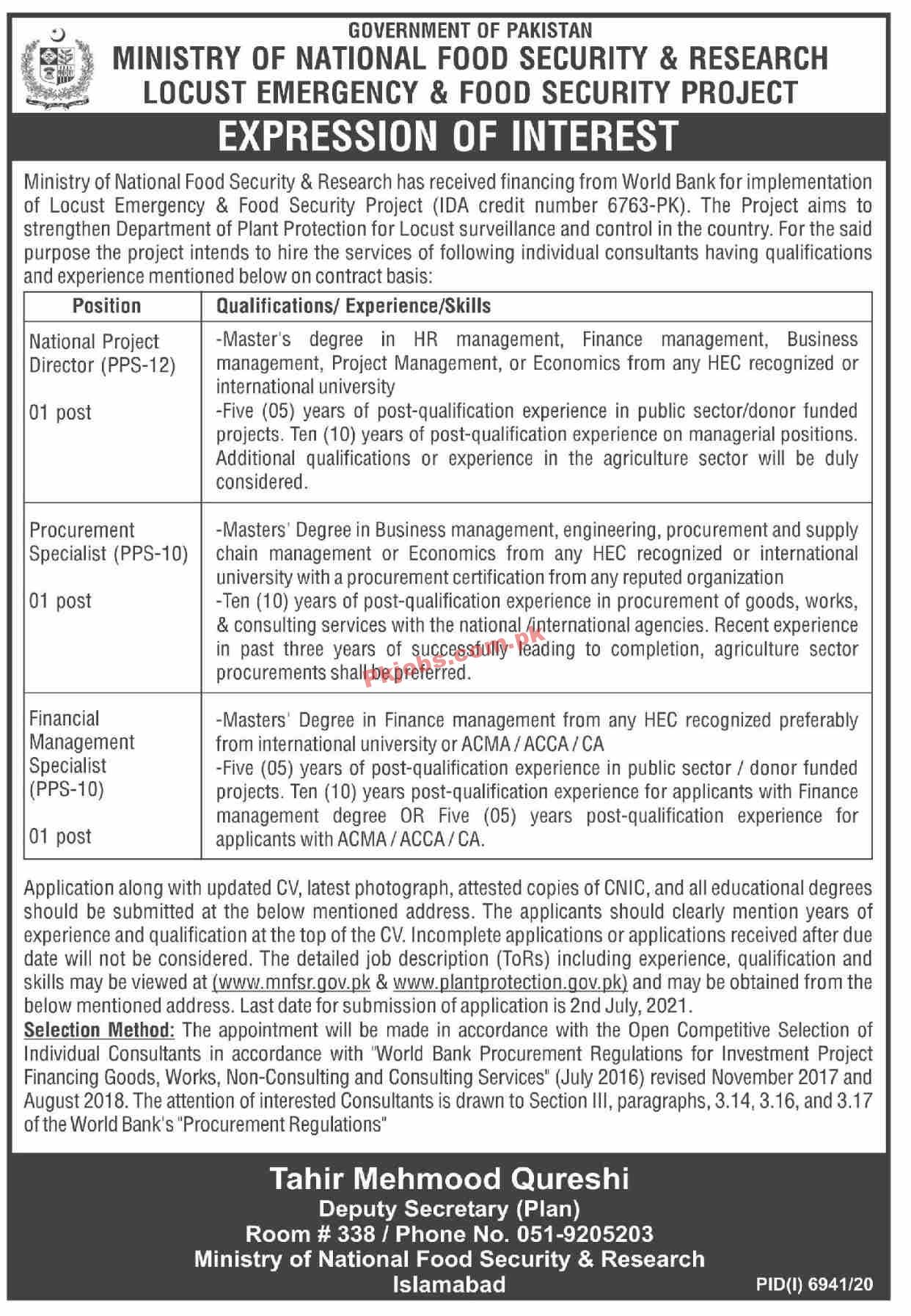 Ministry of National Food Security & Research (MNFSR) PK Jobs 2021