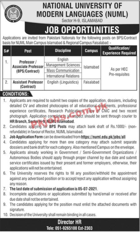 National University of Modern Languages (NUML) PK Jobs 2021