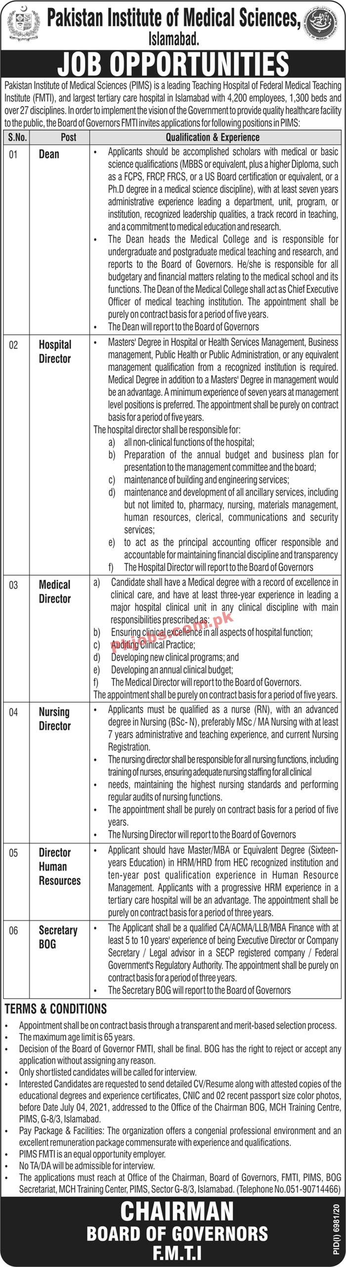 Pakistan Institute of Medical Sciences (PIMS) Management PK Jobs 2021