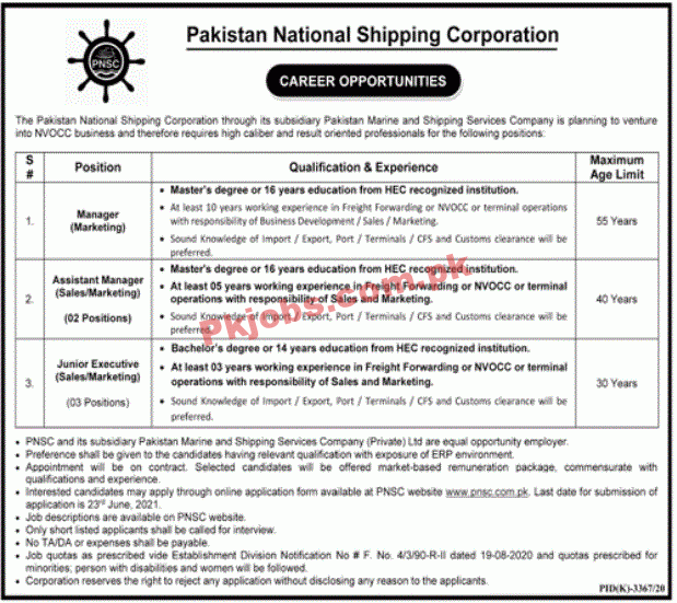 Pakistan National Shipping Corporation (PNSC) Management PK Jobs 2021