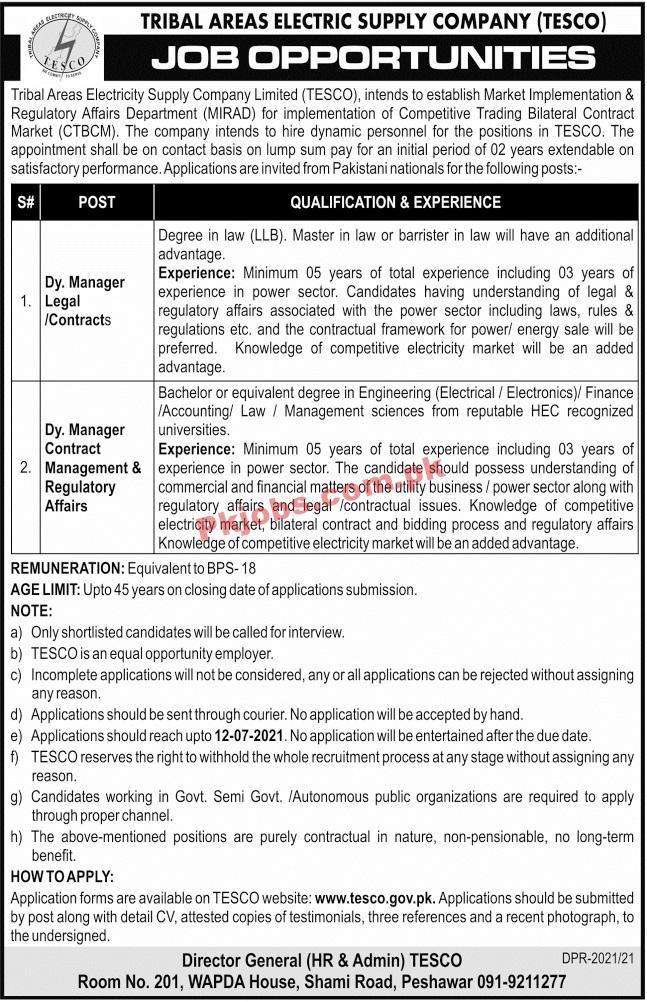 TESCO Electricity Supply Company Management PK Jobs 2021