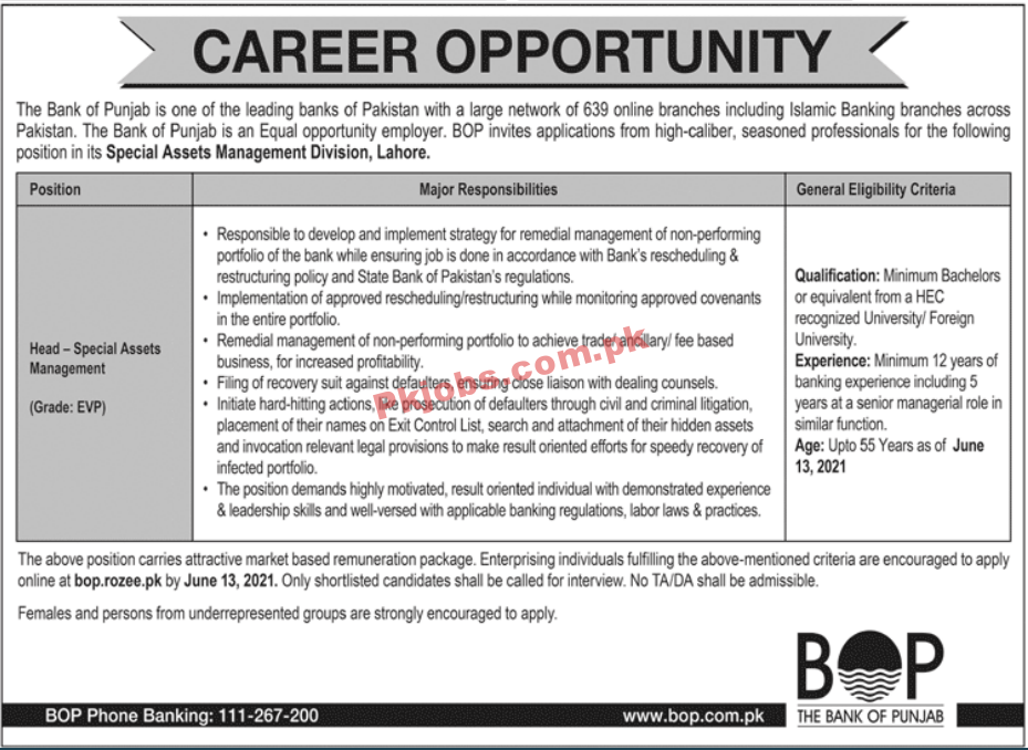 The Bank of Punjab Special Assets Management PK Jobs 2021