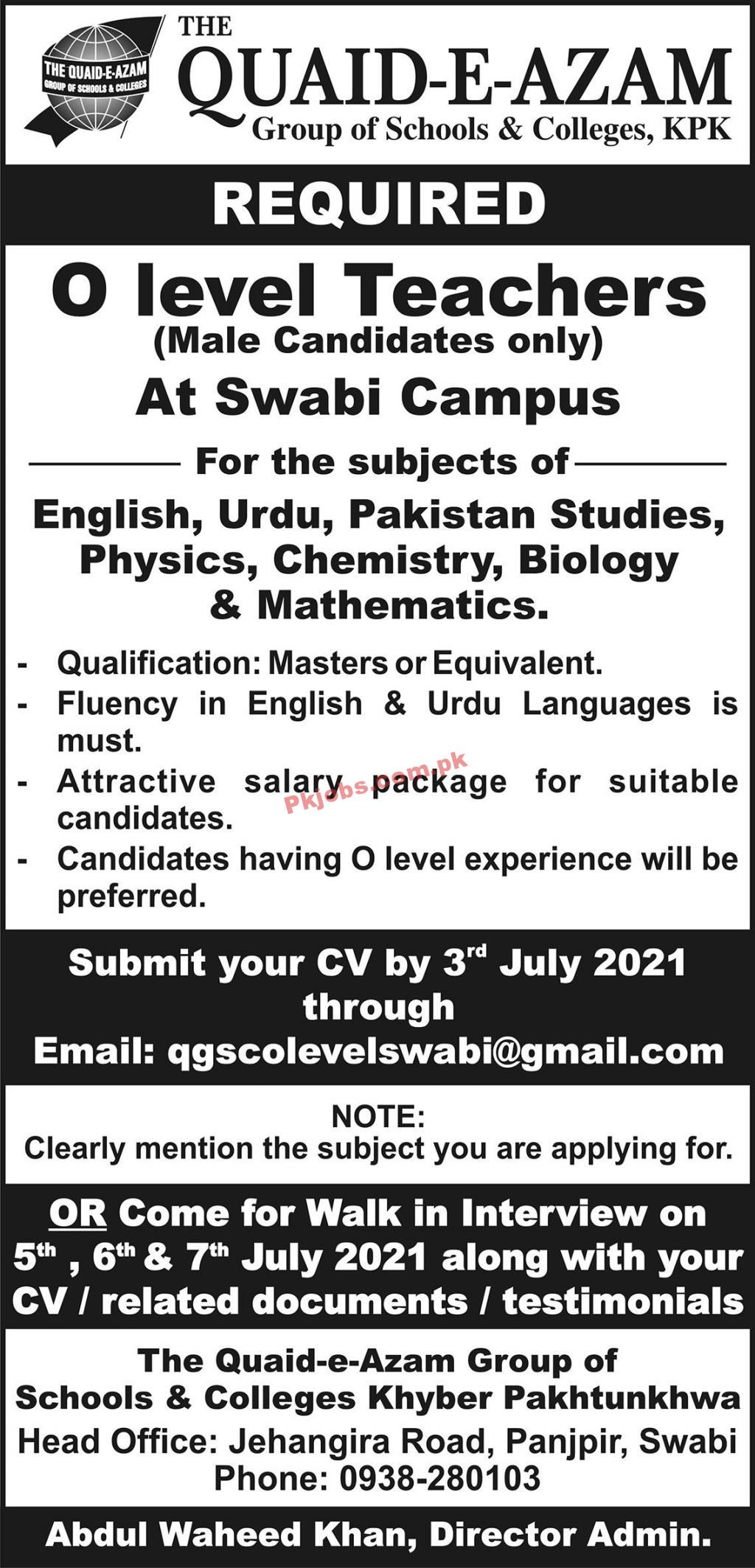 The Quaid e Azam Group of Schools & Colleges PK Jobs 2021