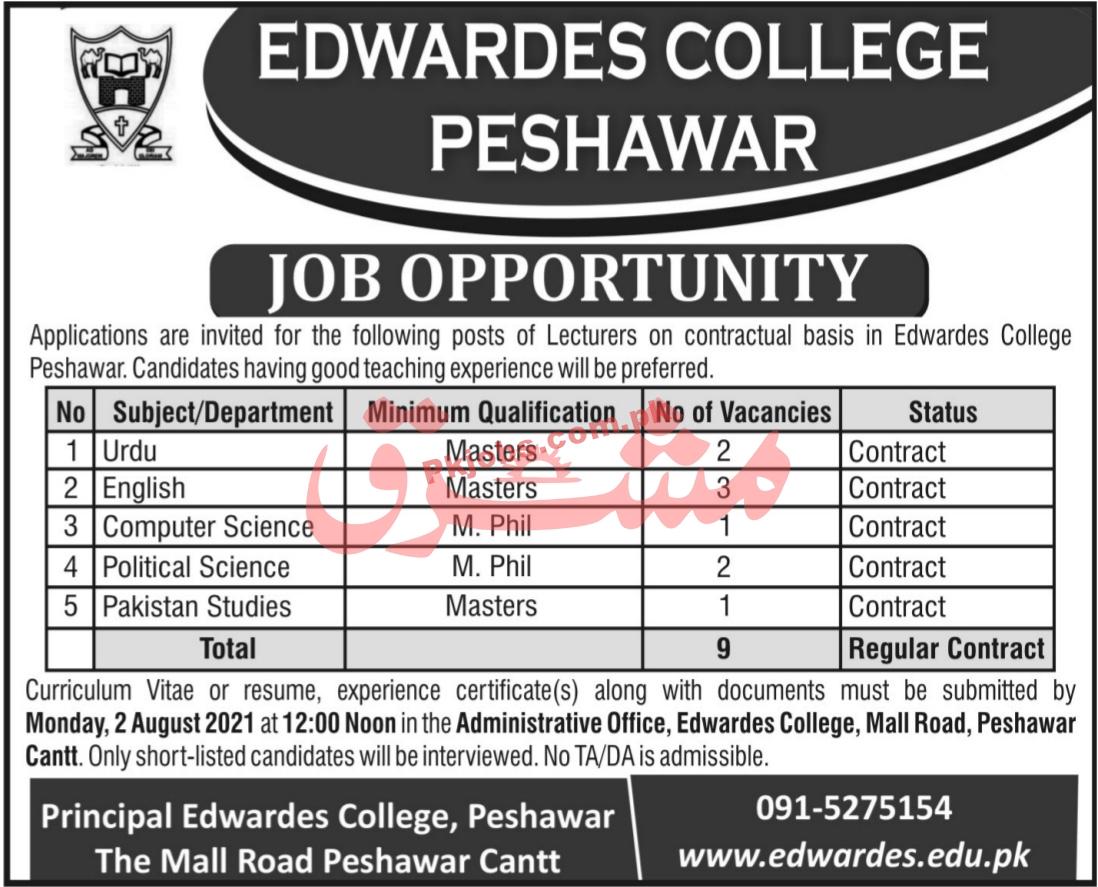 Jobs in Edwardes College Peshawar