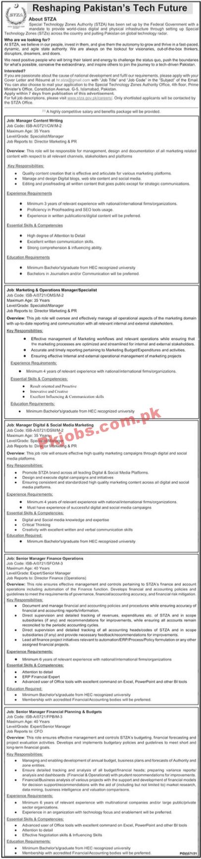 Special Technology Zones Authority (STZA) Management PK Jobs 2021