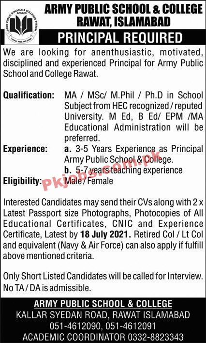 Army Public School & College (APS&C) Management PK Jobs 2021