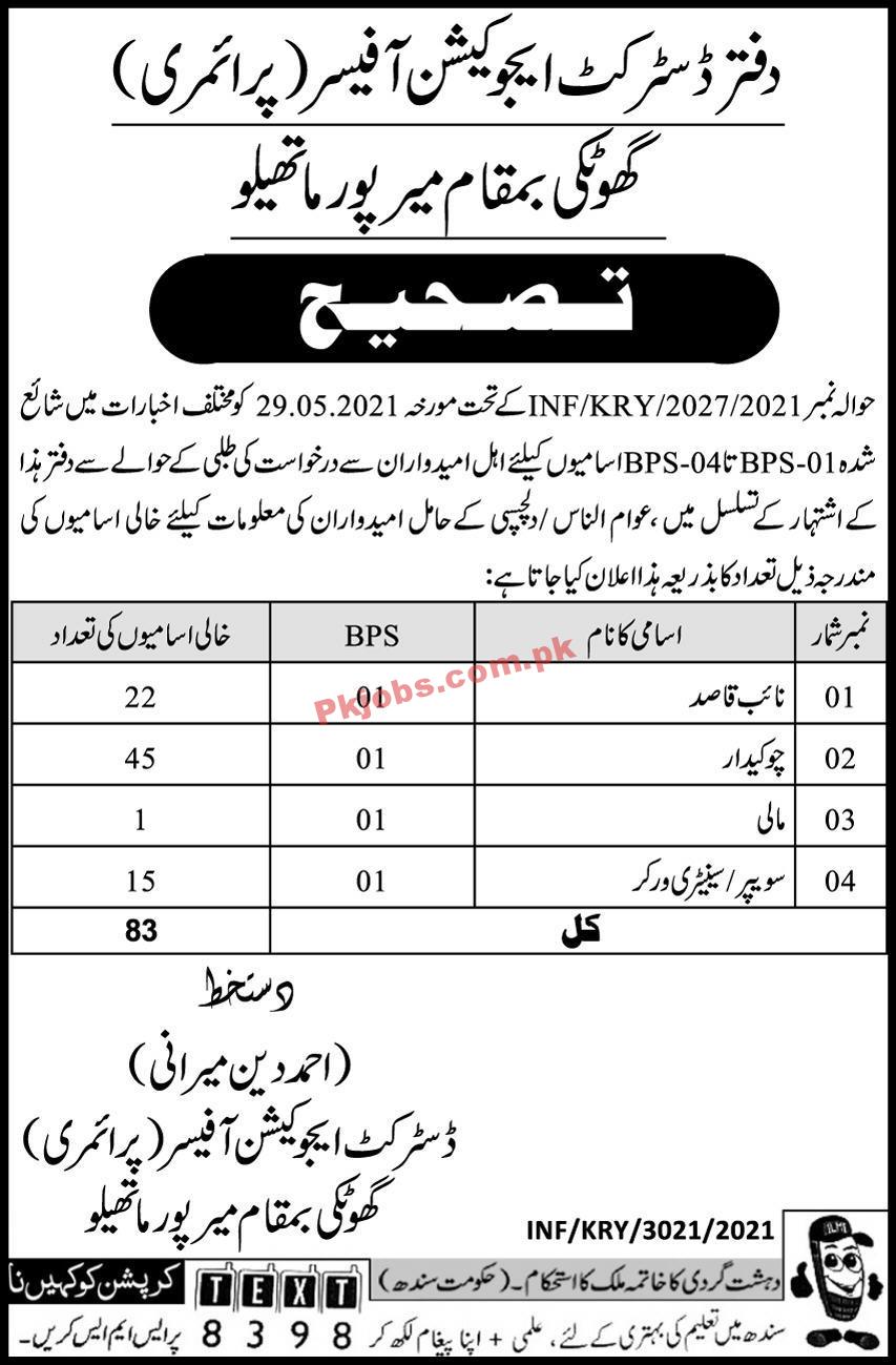 District Education Office Announced Support Staff PK Jobs 2021