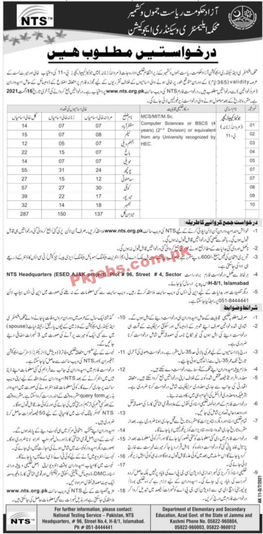 Elementary & Secondary Education Department NTS PK Jobs 2021