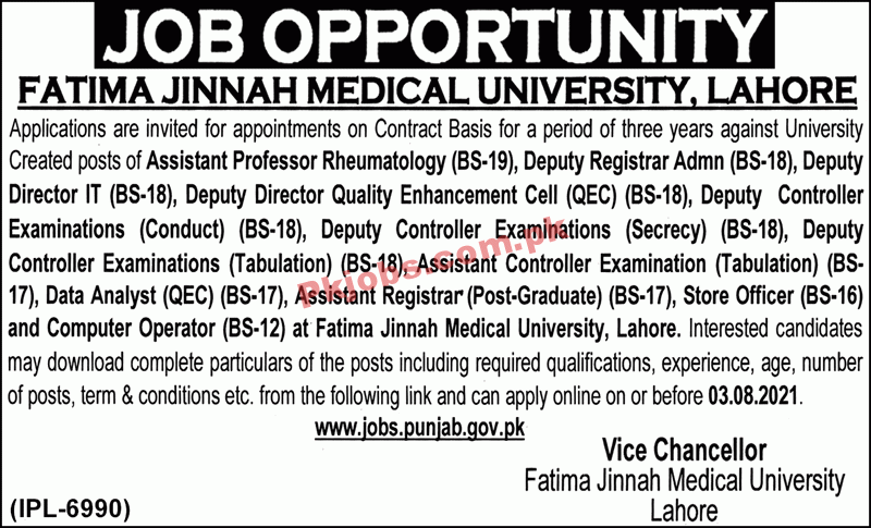 Fatima Jinnah Medical University (FJMU) Management & Faculty PK Jobs 2021