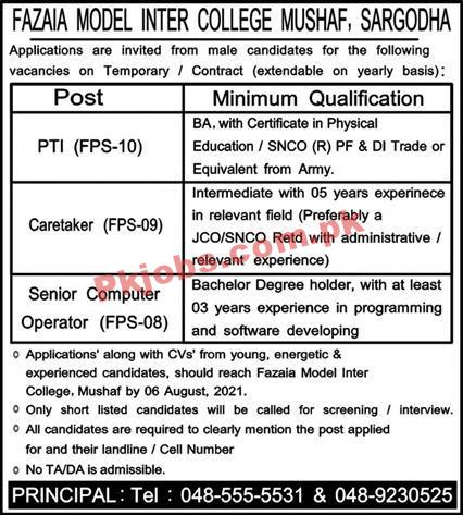 Fazaia Model Inter College Announced Management & Faculty PK Jobs 2021