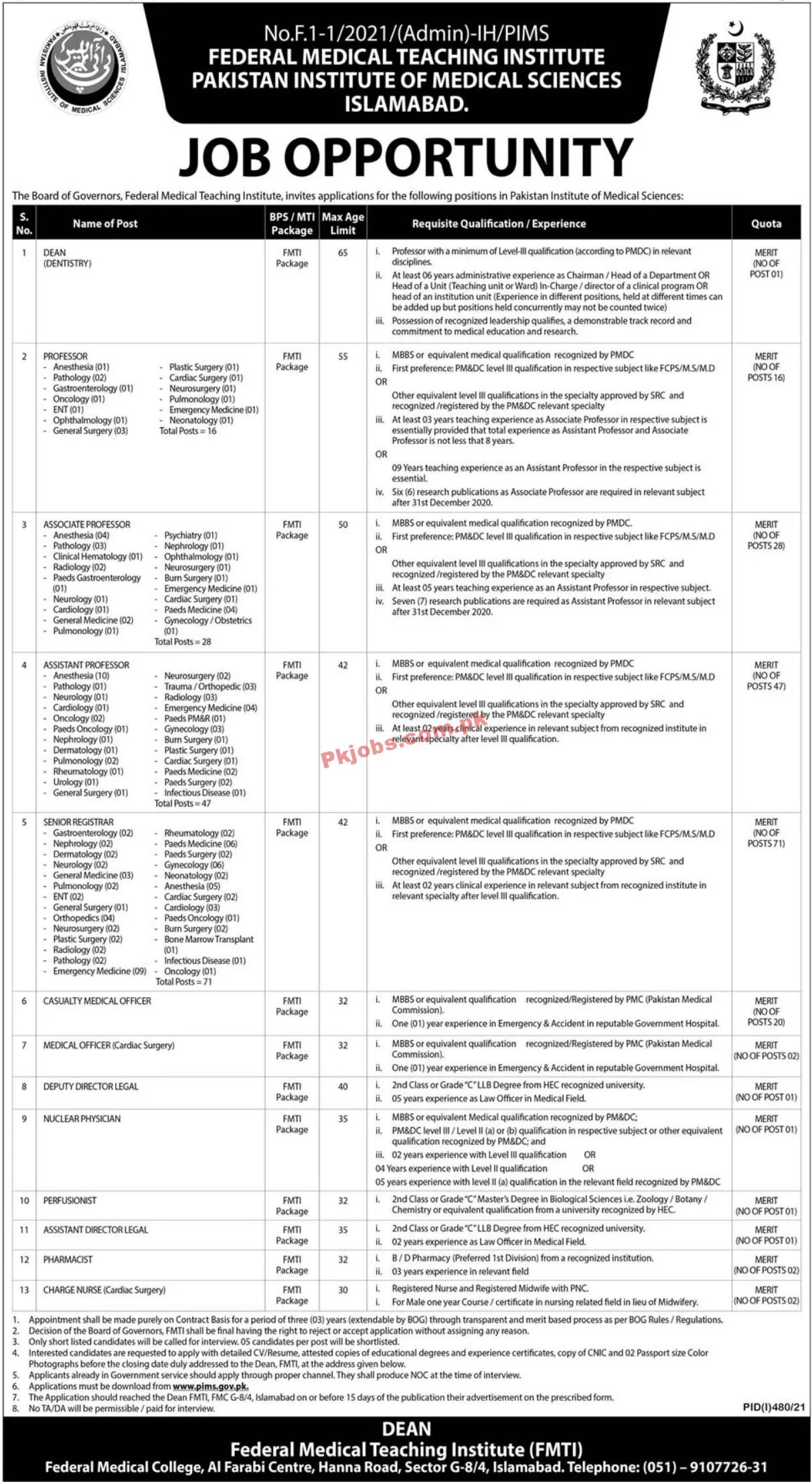 Federal Medical Teaching Institute (FMTI) Faculty & Management PK Jobs 2021