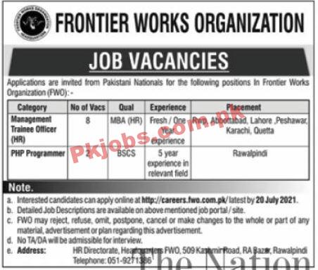 Frontier Works Organization (FWO) Announced Management PK Jobs 2021