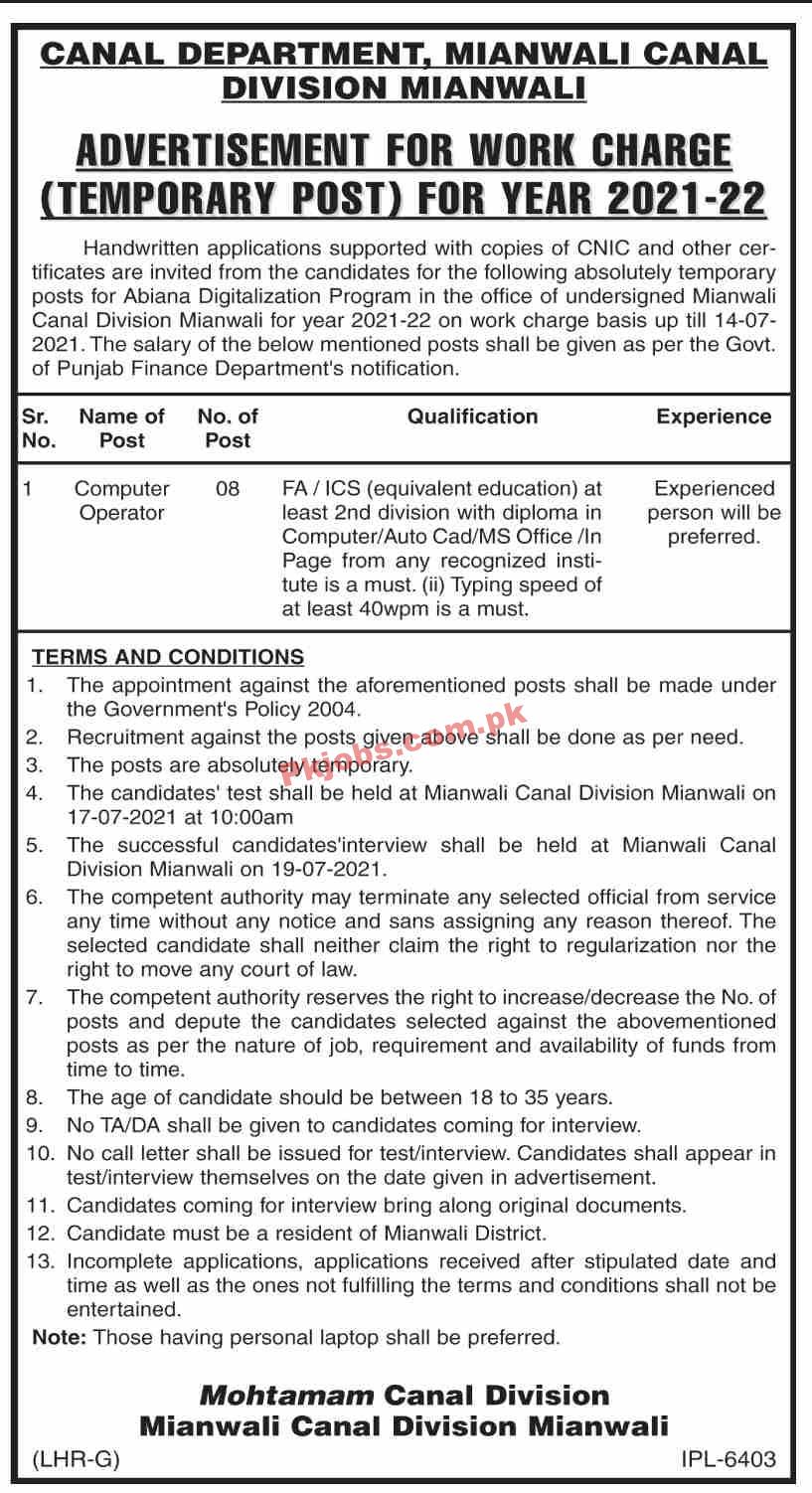 Jobs in Canal Department Mianwali Canal Division