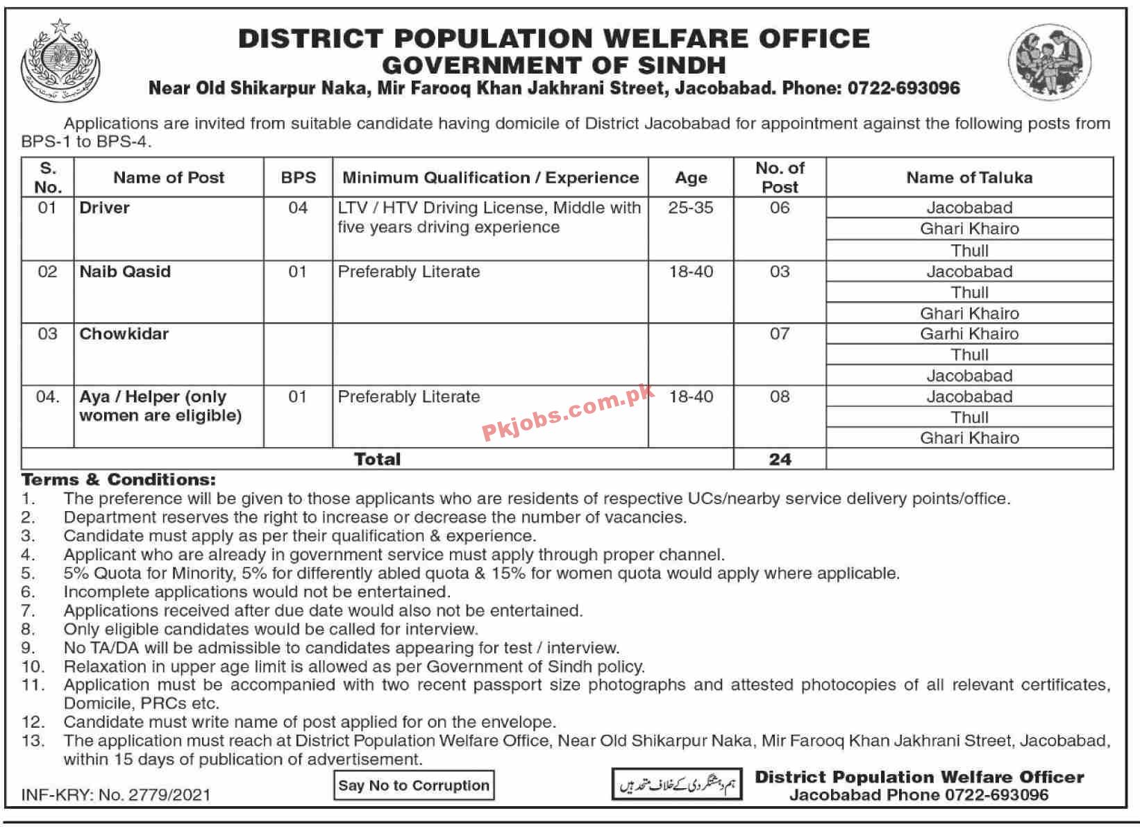 Jobs in District Population Welfare Office Jacobabad