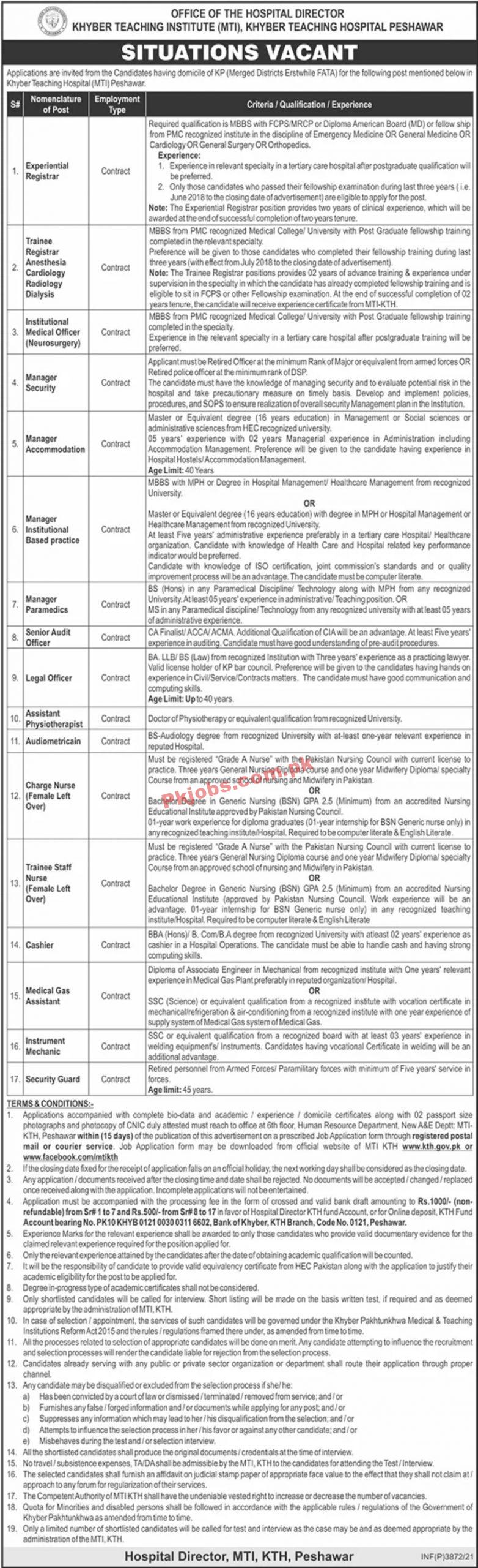 Jobs in Khyber Teaching Institute MTI Khyber Teaching Hospital Peshawar