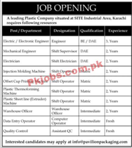 Jobs in Leading Plastic Company Karachi