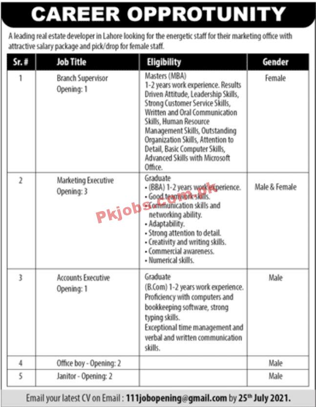 Jobs in Leading Real Estate Developer Lahore