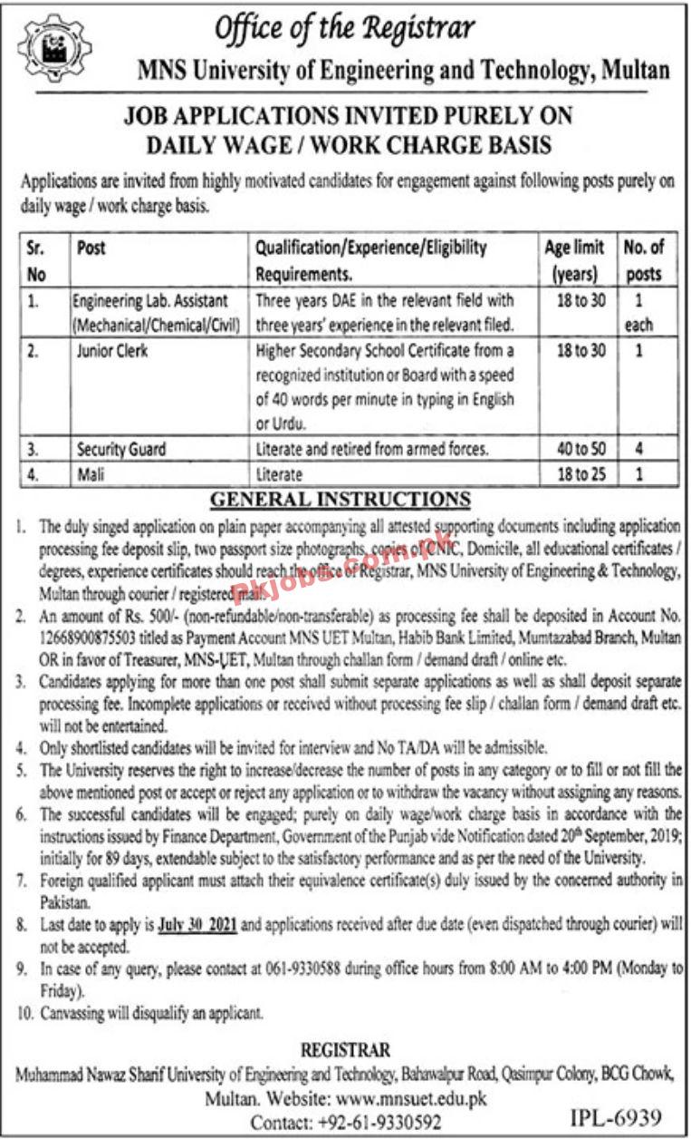 Jobs in MNS University of Engineering and Technology Multan