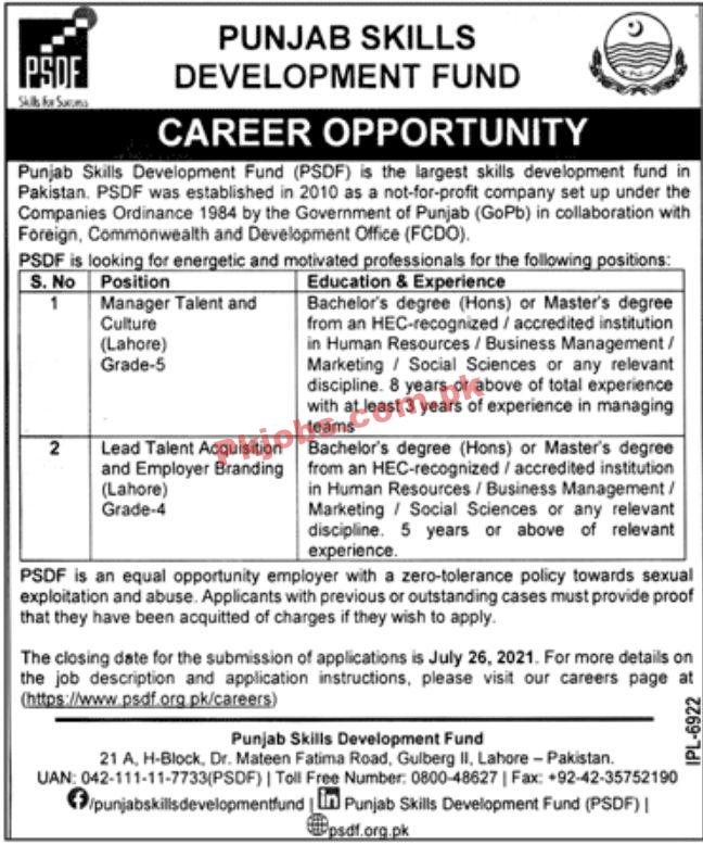 Jobs in Punjab Skills Development Fund PSDF