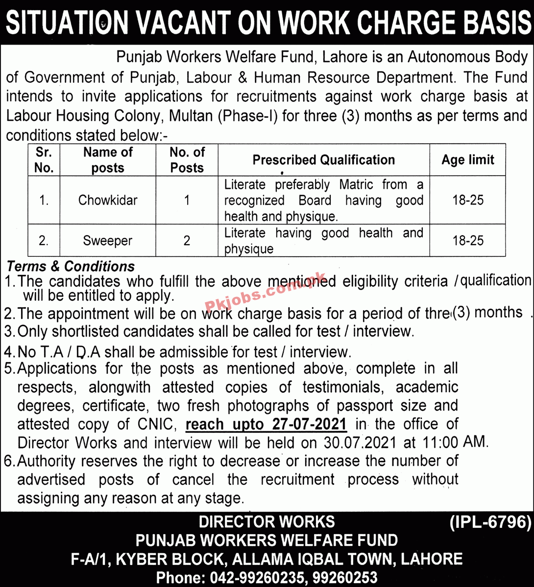 Jobs in Punjab Workers Welfare Fund Lahore