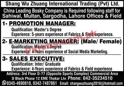 Jobs in Shang Wu Zhuang International Trading Pvt Ltd