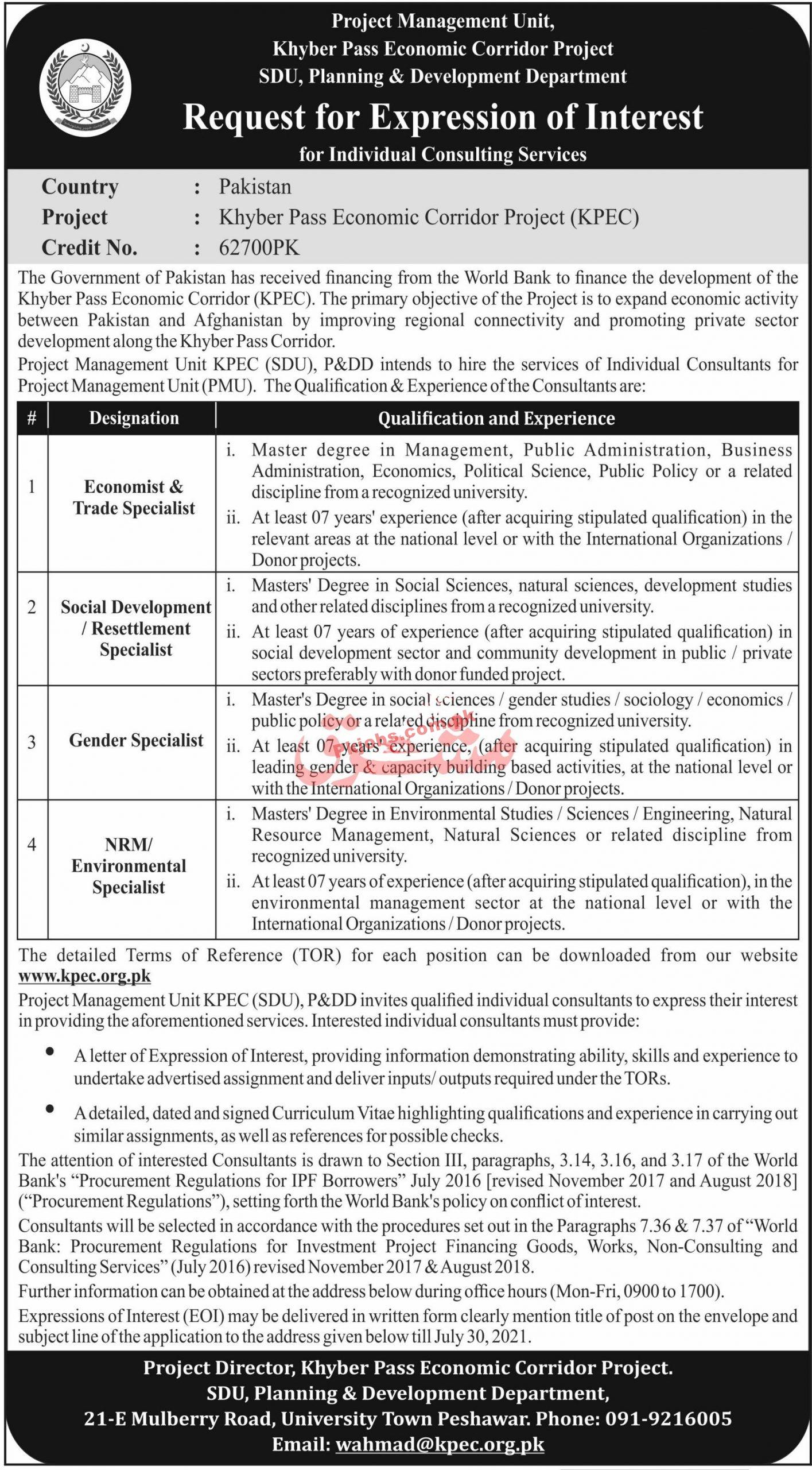 Khyber Pass Economic Corridor (KPEC) World Bank Project Management PK Jobs 2021