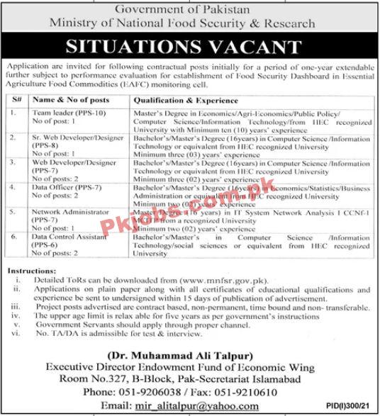 Ministry of National Food Security & Research (MNFSR) Management & Technical PK Jobs 2021