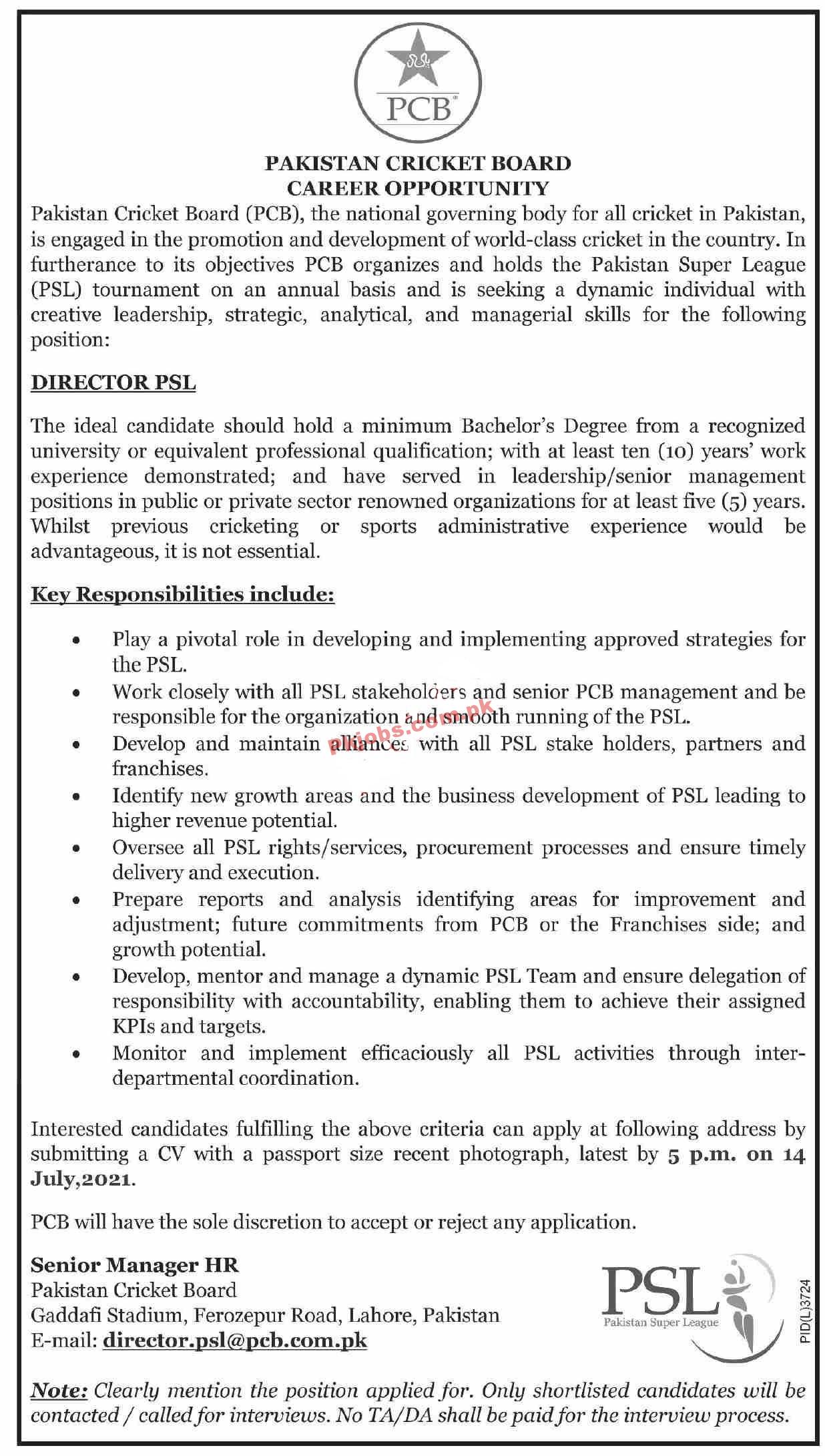 Pakistan Cricket Board (PCB) Announced PSL PK Jobs 2021