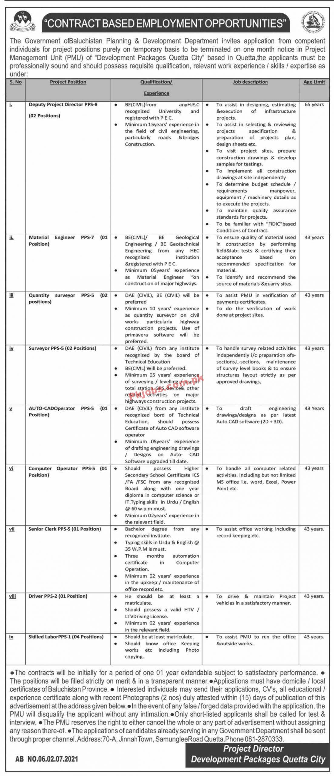 Planning & Development Department Management PK Jobs 2021