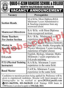 Quaid e Azam Rangers School & College Announced Latest PK Jobs 2021