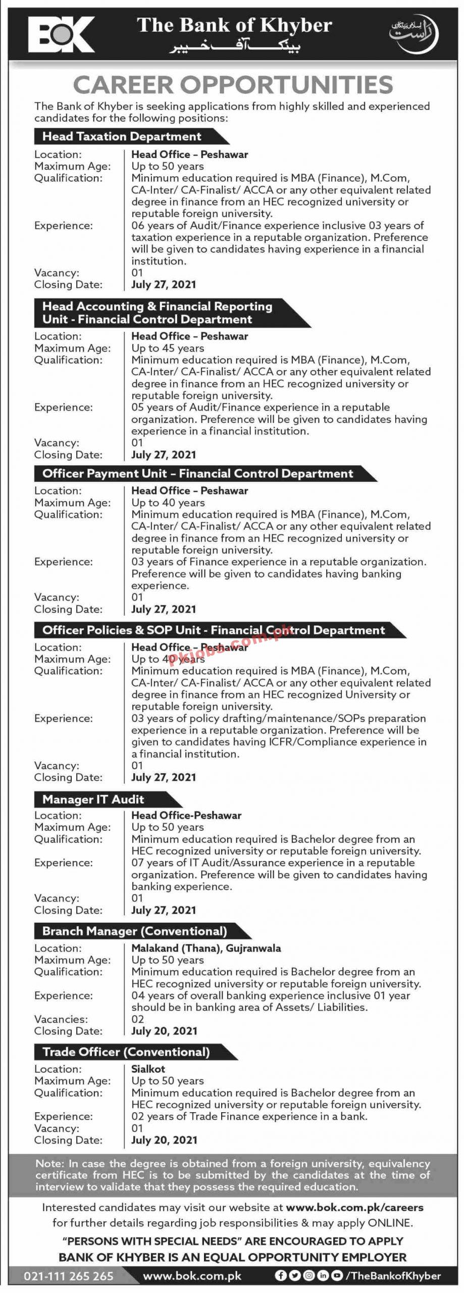 The Bank of Khyber (BOK) Management Staff PK Jobs 2021