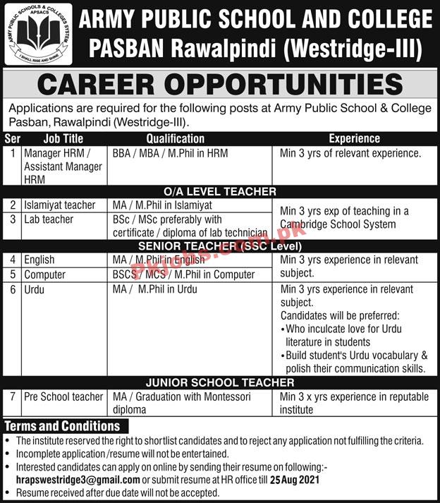 Army School PK Jobs 2021 | Army Public School & College Management PK Jobs 2021