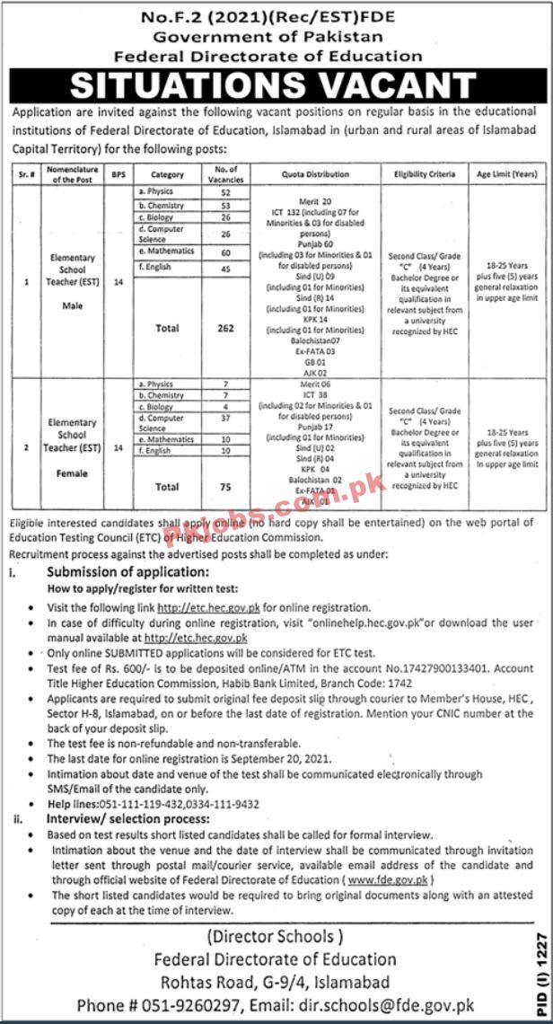 FDE PK Jobs 2021 | Federal Directorate of Education Announced Latest Management PK Jobs 2021