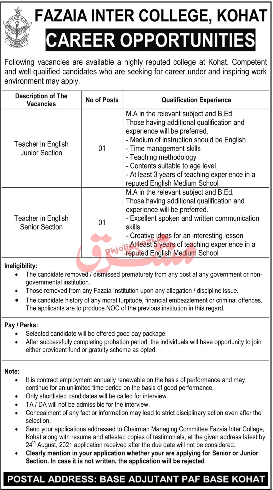 Fazaia Intermediate College Announced Teaching PK Jobs 2021